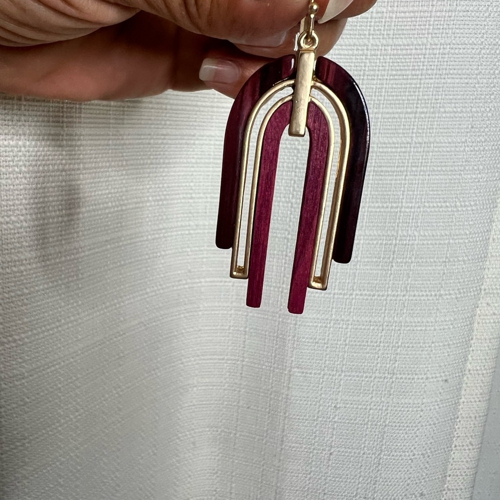 Burgundy, tortoise, and gold earrings